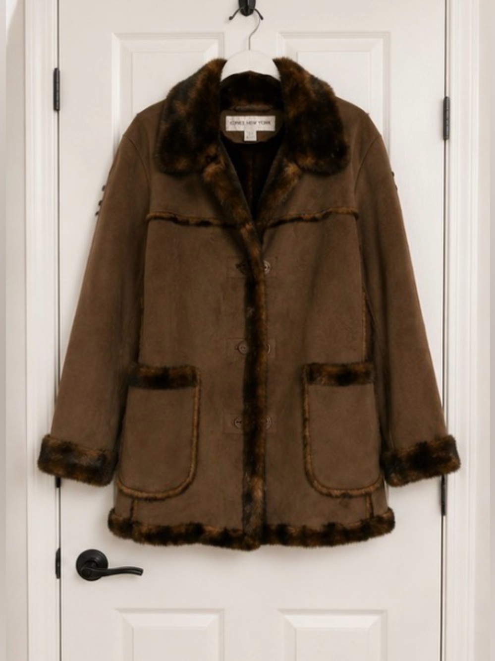 Jones New York Faux Shearling Coat Jacket Brown Fur Trim Women’s Medium - Picture 2 of 9